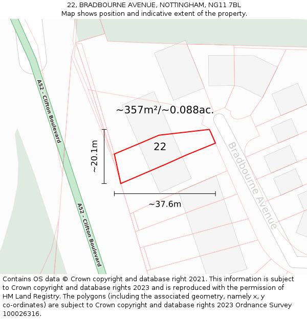 22, BRADBOURNE AVENUE, NOTTINGHAM, NG11 7BL: Plot and title map