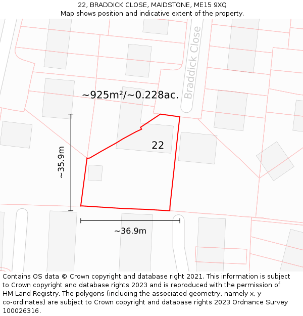 22, BRADDICK CLOSE, MAIDSTONE, ME15 9XQ: Plot and title map