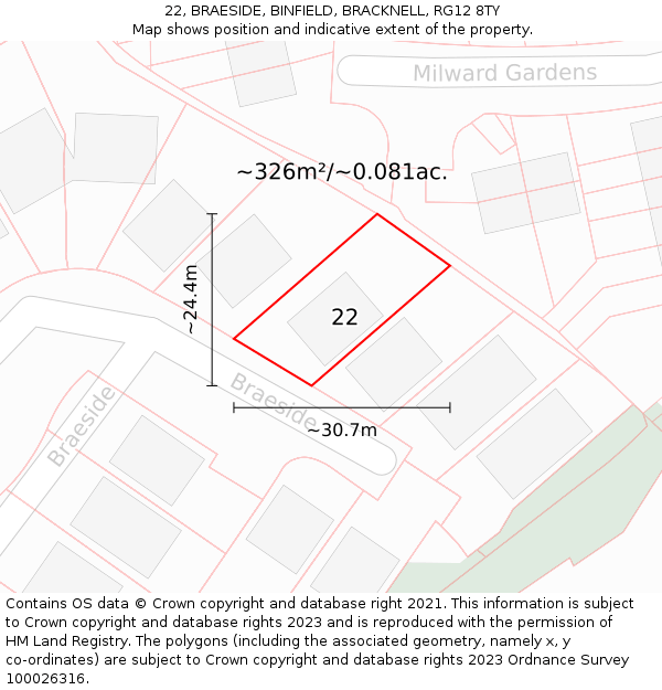 22, BRAESIDE, BINFIELD, BRACKNELL, RG12 8TY: Plot and title map