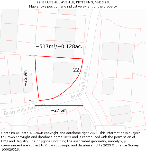 22, BRAMSHILL AVENUE, KETTERING, NN16 9FL: Plot and title map