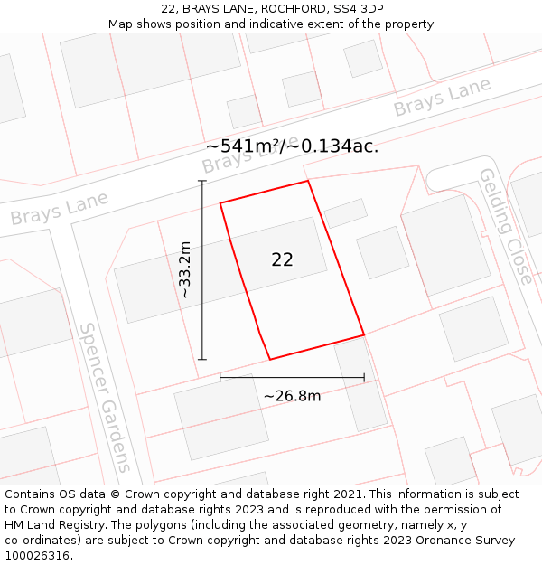 22, BRAYS LANE, ROCHFORD, SS4 3DP: Plot and title map