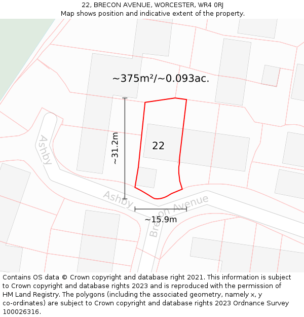 22, BRECON AVENUE, WORCESTER, WR4 0RJ: Plot and title map