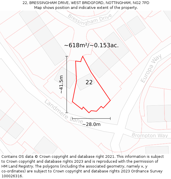 22, BRESSINGHAM DRIVE, WEST BRIDGFORD, NOTTINGHAM, NG2 7PD: Plot and title map