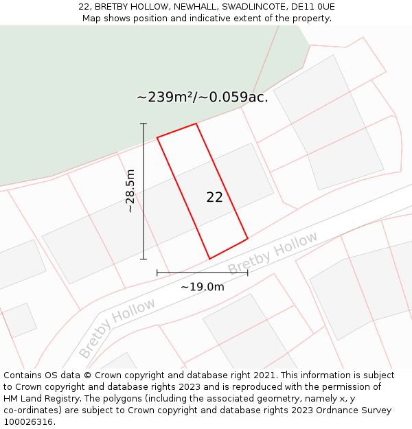 22, BRETBY HOLLOW, NEWHALL, SWADLINCOTE, DE11 0UE: Plot and title map