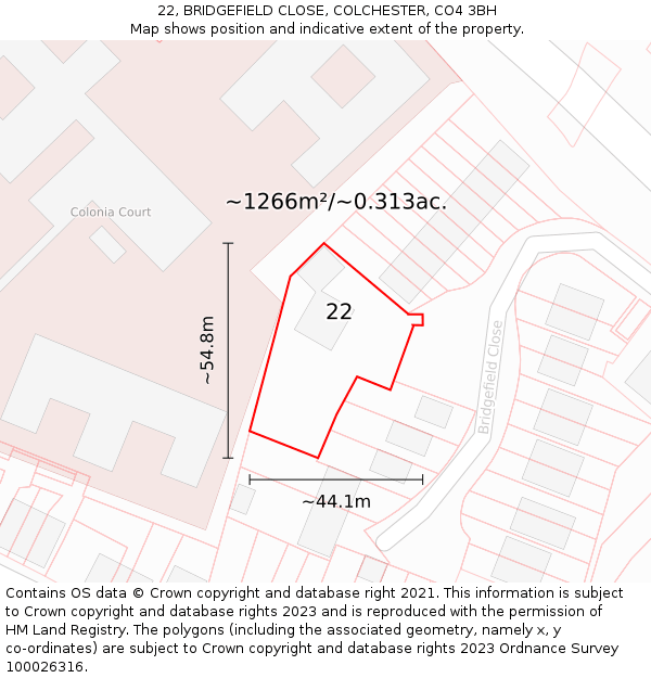 22, BRIDGEFIELD CLOSE, COLCHESTER, CO4 3BH: Plot and title map