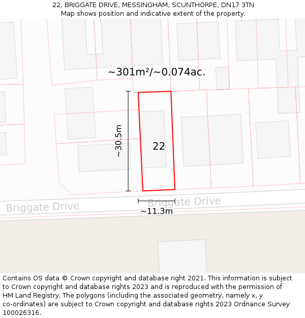 22, BRIGGATE DRIVE, MESSINGHAM, SCUNTHORPE, DN17 3TN: Plot and title map