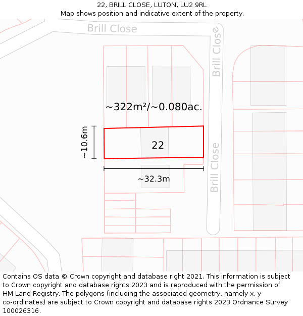 22, BRILL CLOSE, LUTON, LU2 9RL: Plot and title map