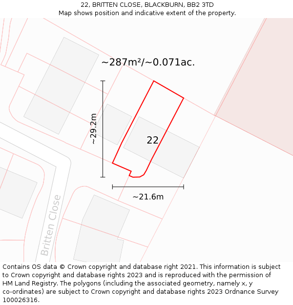 22, BRITTEN CLOSE, BLACKBURN, BB2 3TD: Plot and title map