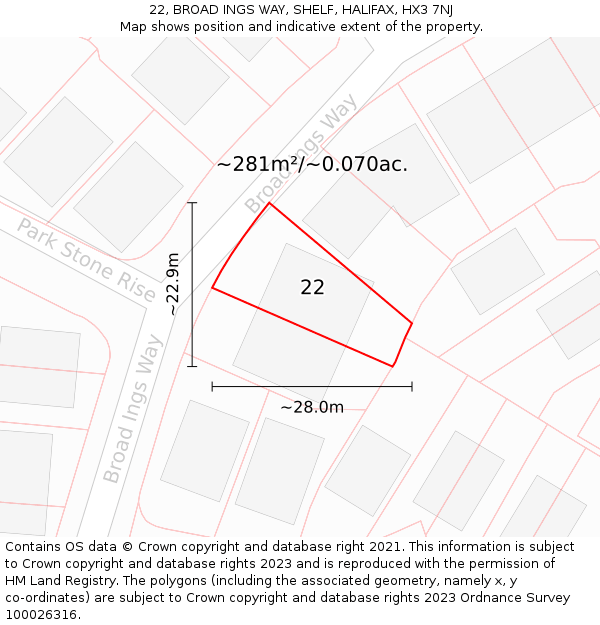 22, BROAD INGS WAY, SHELF, HALIFAX, HX3 7NJ: Plot and title map