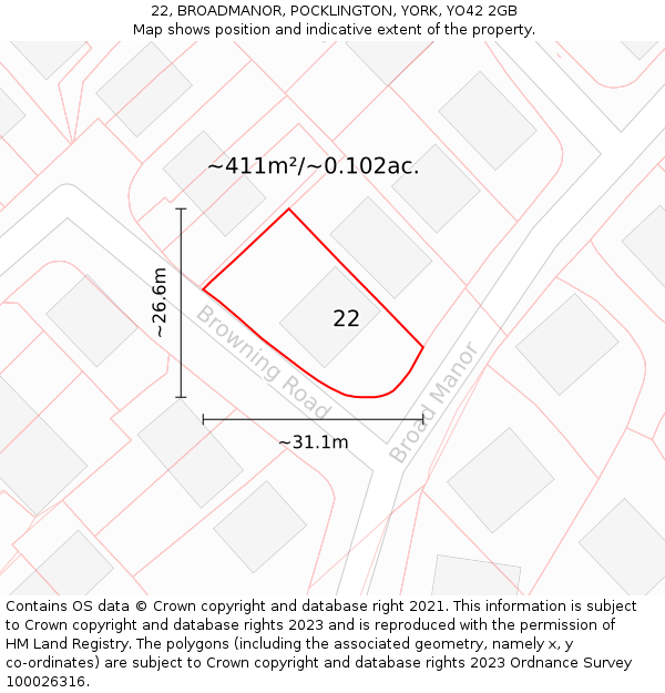 22, BROADMANOR, POCKLINGTON, YORK, YO42 2GB: Plot and title map