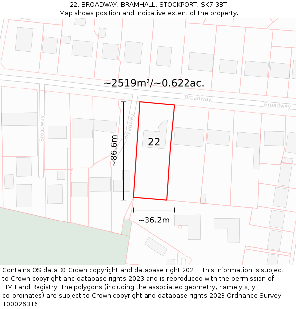 22, BROADWAY, BRAMHALL, STOCKPORT, SK7 3BT: Plot and title map