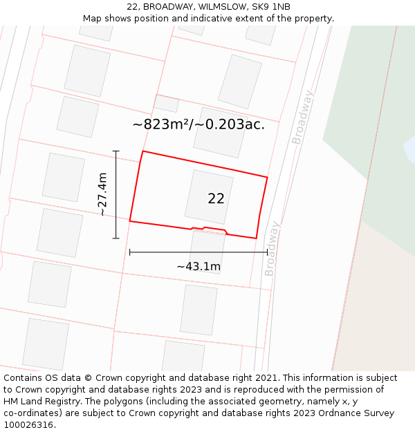 22, BROADWAY, WILMSLOW, SK9 1NB: Plot and title map