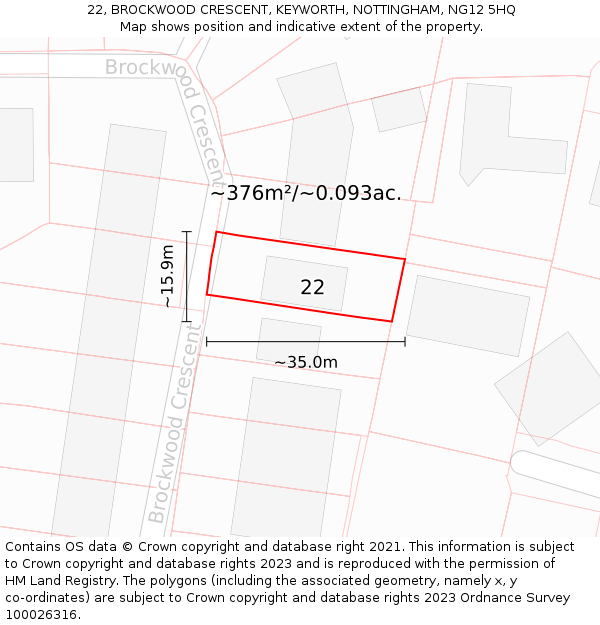 22, BROCKWOOD CRESCENT, KEYWORTH, NOTTINGHAM, NG12 5HQ: Plot and title map