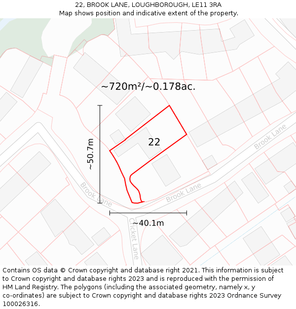 22, BROOK LANE, LOUGHBOROUGH, LE11 3RA: Plot and title map