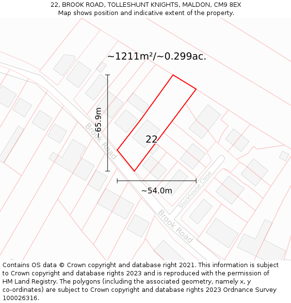 22, BROOK ROAD, TOLLESHUNT KNIGHTS, MALDON, CM9 8EX: Plot and title map