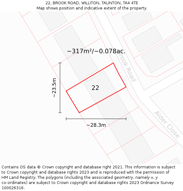 22, BROOK ROAD, WILLITON, TAUNTON, TA4 4TE: Plot and title map