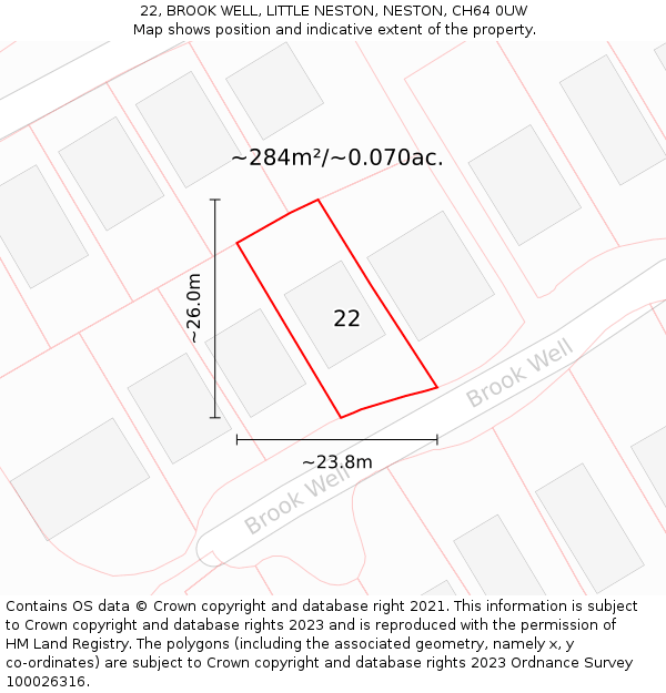 22, BROOK WELL, LITTLE NESTON, NESTON, CH64 0UW: Plot and title map
