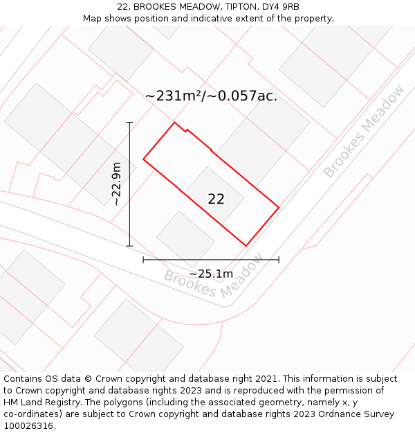 22, BROOKES MEADOW, TIPTON, DY4 9RB: Plot and title map