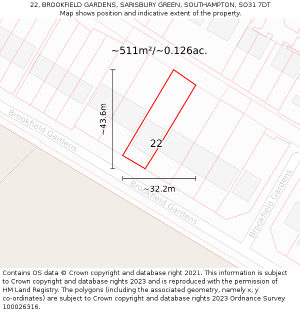 22, BROOKFIELD GARDENS, SARISBURY GREEN, SOUTHAMPTON, SO31 7DT: Plot and title map