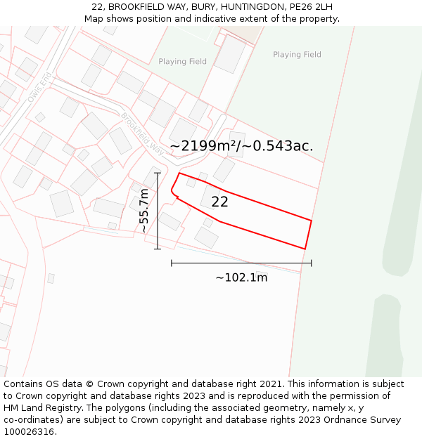 22, BROOKFIELD WAY, BURY, HUNTINGDON, PE26 2LH: Plot and title map