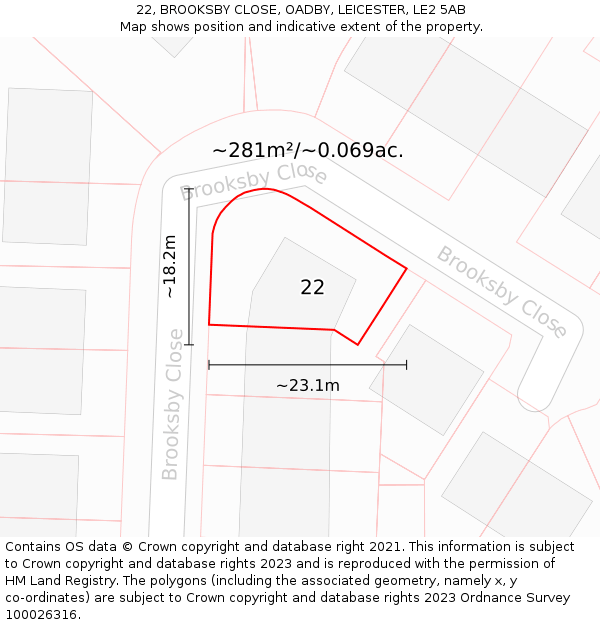 22, BROOKSBY CLOSE, OADBY, LEICESTER, LE2 5AB: Plot and title map