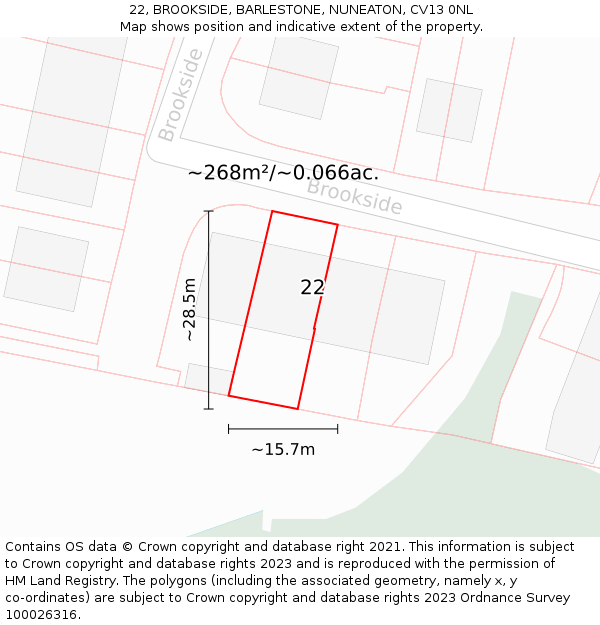 22, BROOKSIDE, BARLESTONE, NUNEATON, CV13 0NL: Plot and title map