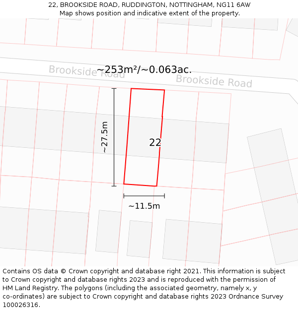 22, BROOKSIDE ROAD, RUDDINGTON, NOTTINGHAM, NG11 6AW: Plot and title map