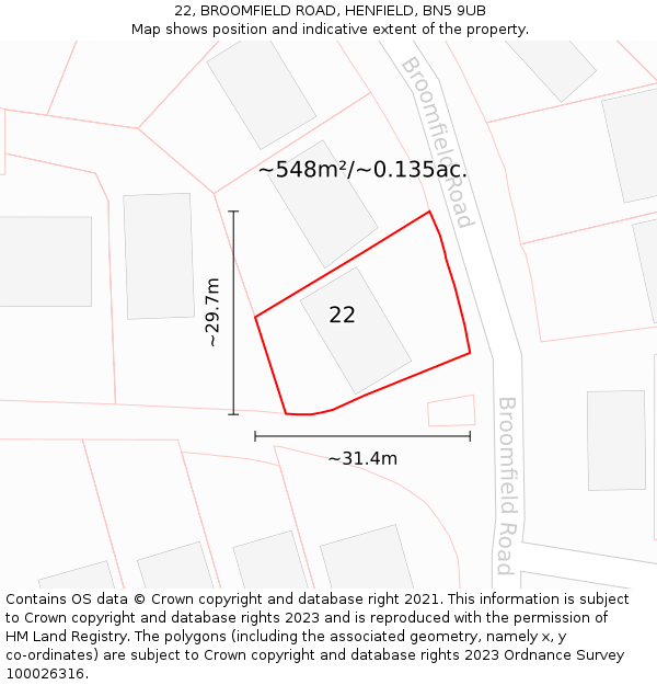 22, BROOMFIELD ROAD, HENFIELD, BN5 9UB: Plot and title map