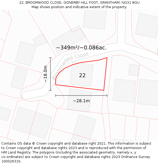 22, BROOMWOOD CLOSE, GONERBY HILL FOOT, GRANTHAM, NG31 8GU: Plot and title map