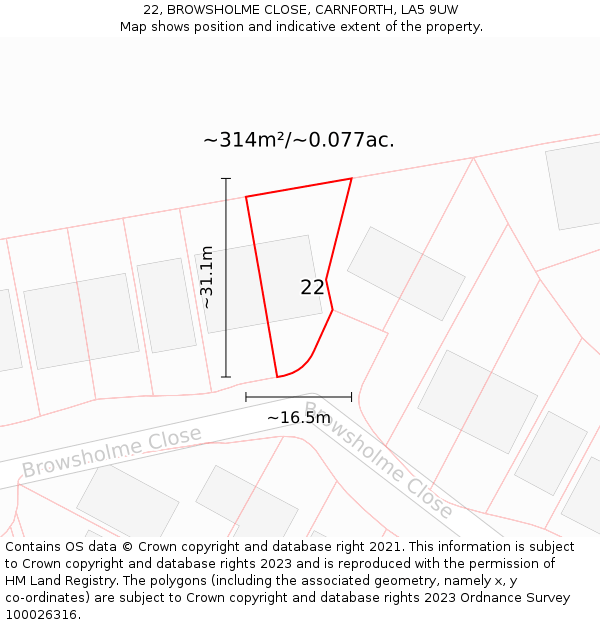 22, BROWSHOLME CLOSE, CARNFORTH, LA5 9UW: Plot and title map