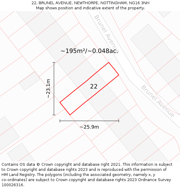 22, BRUNEL AVENUE, NEWTHORPE, NOTTINGHAM, NG16 3NH: Plot and title map