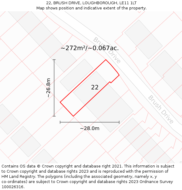 22, BRUSH DRIVE, LOUGHBOROUGH, LE11 1LT: Plot and title map