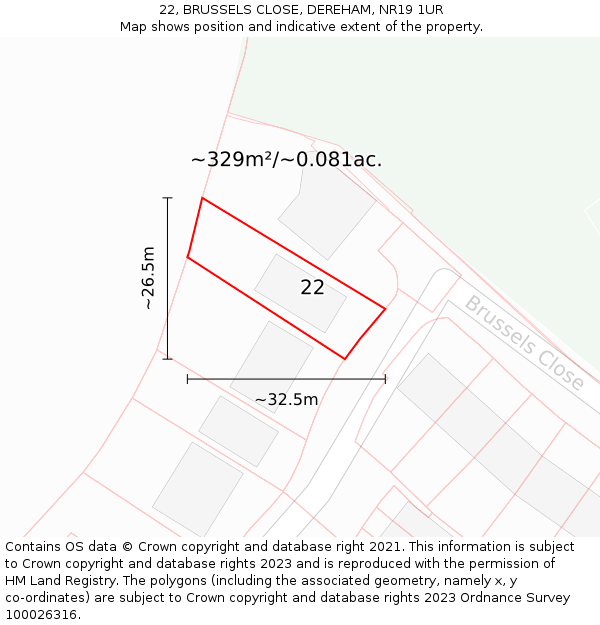 22, BRUSSELS CLOSE, DEREHAM, NR19 1UR: Plot and title map