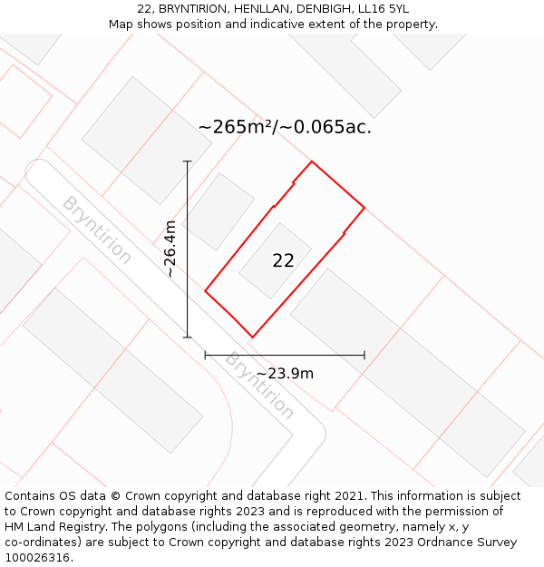 22, BRYNTIRION, HENLLAN, DENBIGH, LL16 5YL: Plot and title map