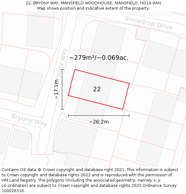 22, BRYONY WAY, MANSFIELD WOODHOUSE, MANSFIELD, NG19 9AN: Plot and title map