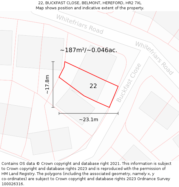 22, BUCKFAST CLOSE, BELMONT, HEREFORD, HR2 7XL: Plot and title map