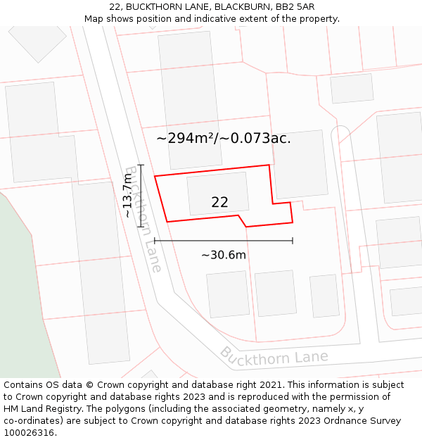 22, BUCKTHORN LANE, BLACKBURN, BB2 5AR: Plot and title map