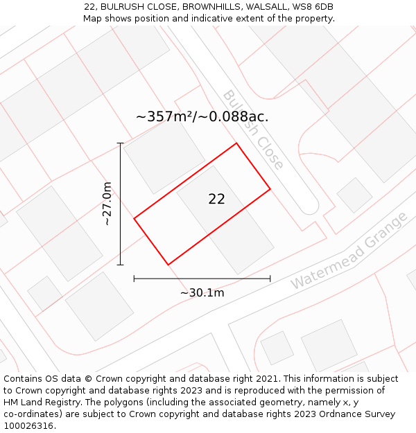 22, BULRUSH CLOSE, BROWNHILLS, WALSALL, WS8 6DB: Plot and title map