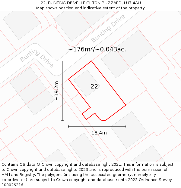 22, BUNTING DRIVE, LEIGHTON BUZZARD, LU7 4AU: Plot and title map