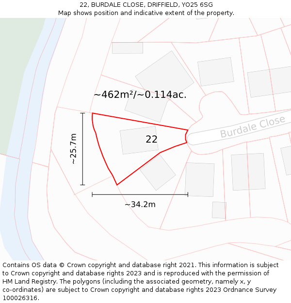 22, BURDALE CLOSE, DRIFFIELD, YO25 6SG: Plot and title map