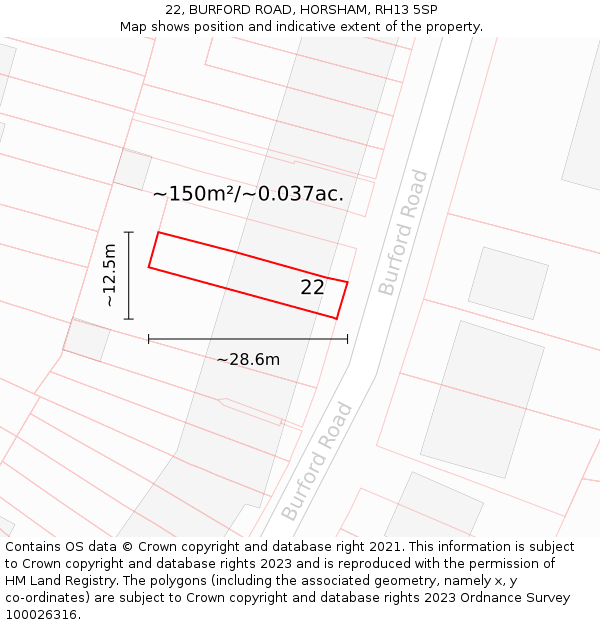 22, BURFORD ROAD, HORSHAM, RH13 5SP: Plot and title map