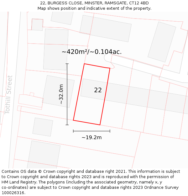 22, BURGESS CLOSE, MINSTER, RAMSGATE, CT12 4BD: Plot and title map