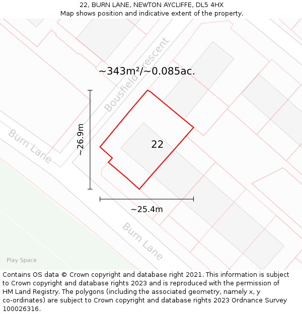 22, BURN LANE, NEWTON AYCLIFFE, DL5 4HX: Plot and title map