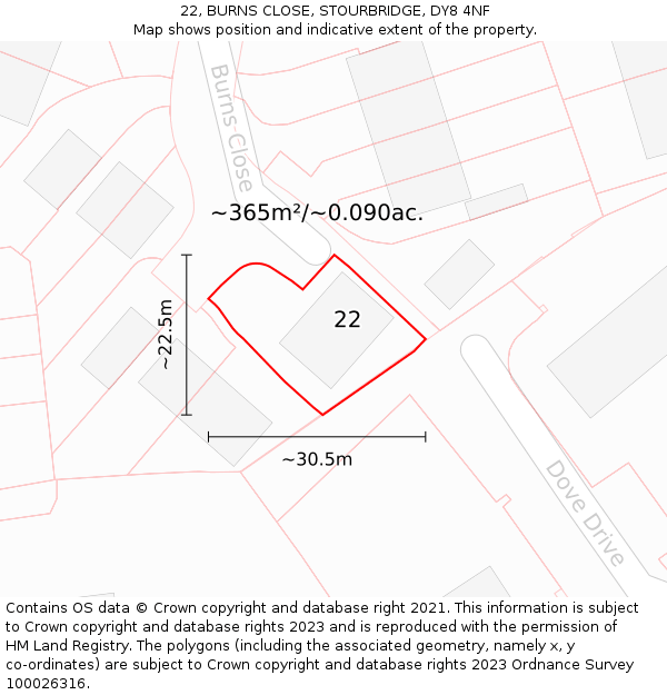 22, BURNS CLOSE, STOURBRIDGE, DY8 4NF: Plot and title map