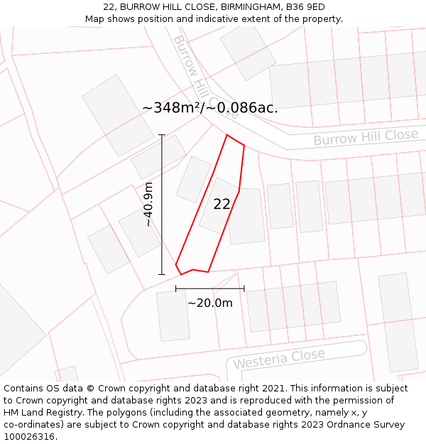 22, BURROW HILL CLOSE, BIRMINGHAM, B36 9ED: Plot and title map