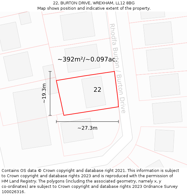 22, BURTON DRIVE, WREXHAM, LL12 8BG: Plot and title map