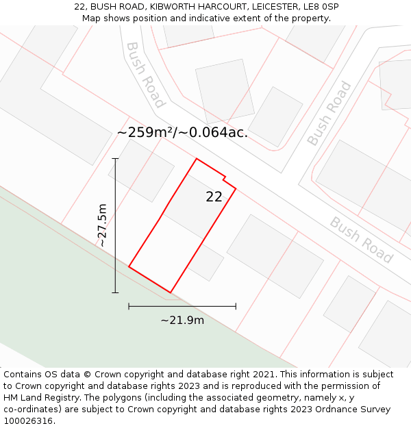 22, BUSH ROAD, KIBWORTH HARCOURT, LEICESTER, LE8 0SP: Plot and title map