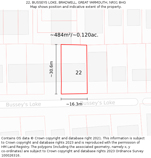22, BUSSEYS LOKE, BRADWELL, GREAT YARMOUTH, NR31 8HG: Plot and title map
