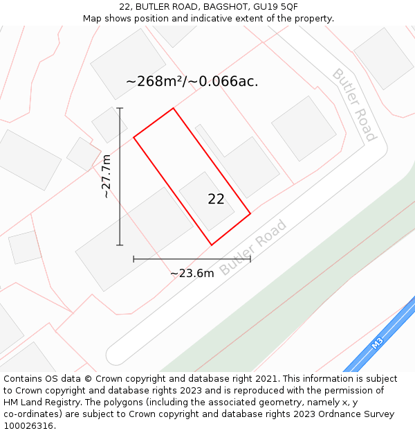 22, BUTLER ROAD, BAGSHOT, GU19 5QF: Plot and title map