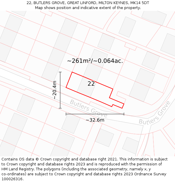 22, BUTLERS GROVE, GREAT LINFORD, MILTON KEYNES, MK14 5DT: Plot and title map